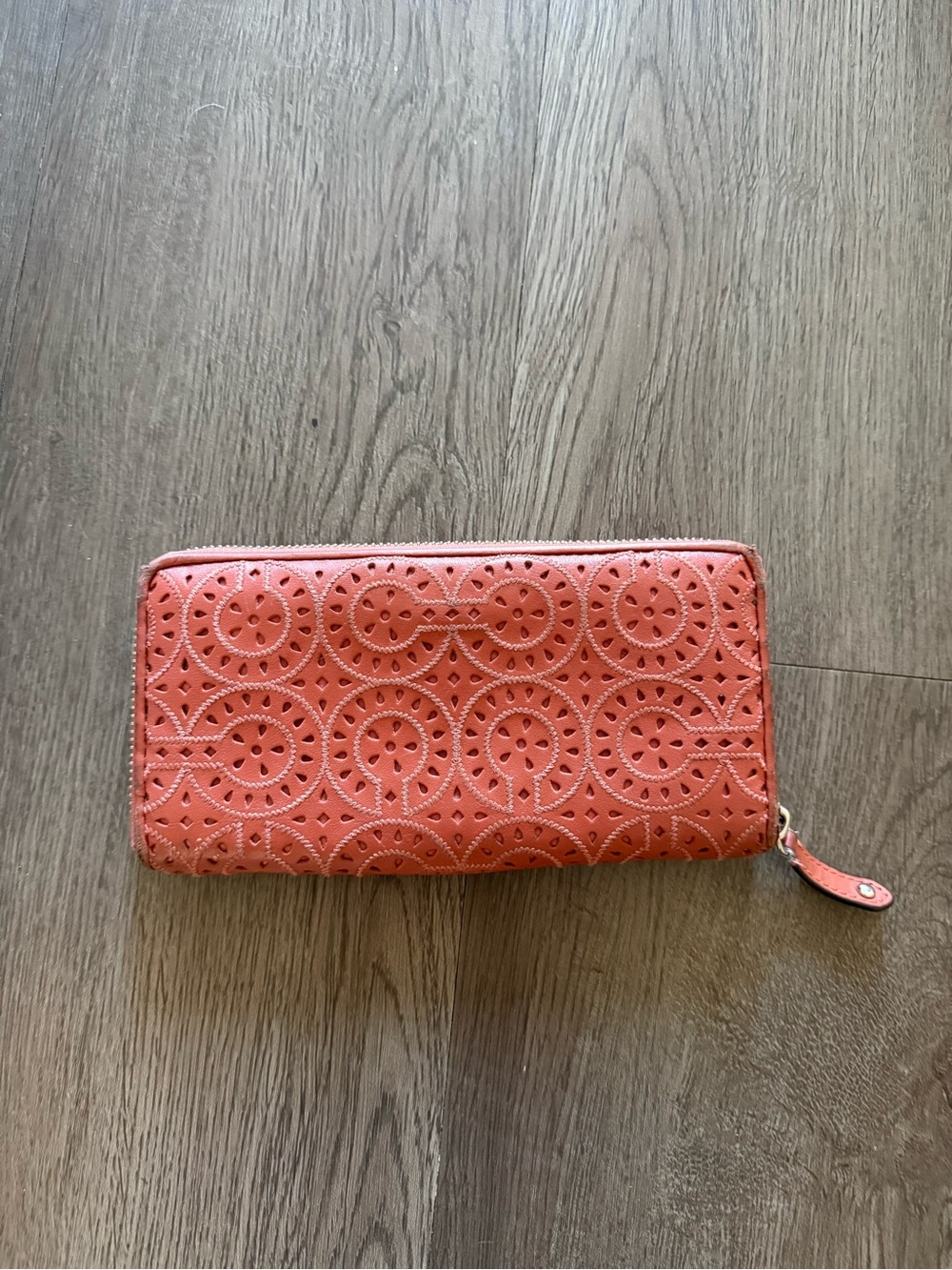 Coach Coral Pink Leather Floral Cutout Zip Around Wallet